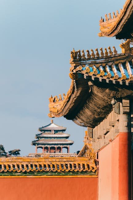 Grand halls of the Forbidden City with golden roofs and white marble terraces under blue sky